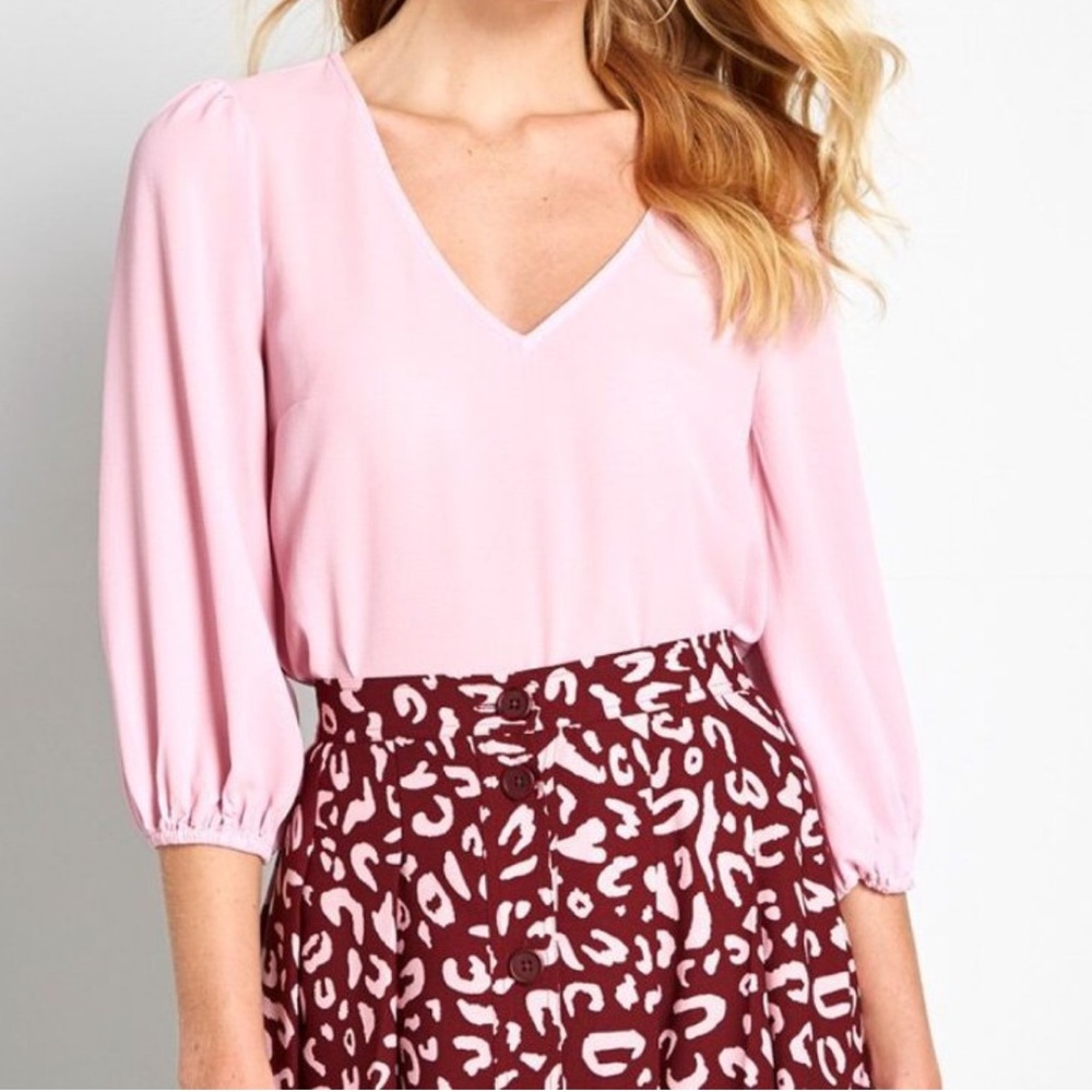 Modcloth Certainly Essential Textured V-Neck 3/4 Puff Sleeve Pink Blouse Medium